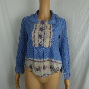 Free People Blue and Cream Floral Blouse